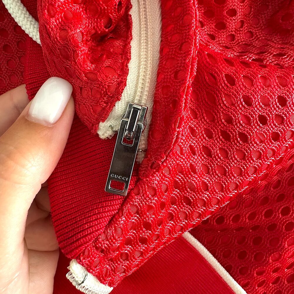 Gucci Red Mesh & Satin Magnetismo Stripe Trimmed Zip Front Hooded Jacket - Picture 13 of 14